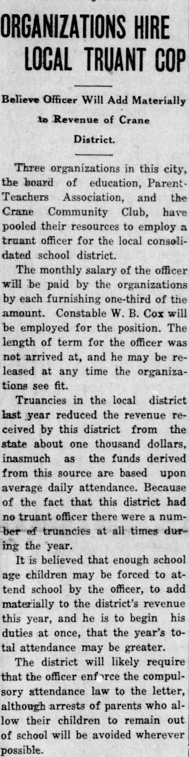 Community Funds Hire of Truancy Officer