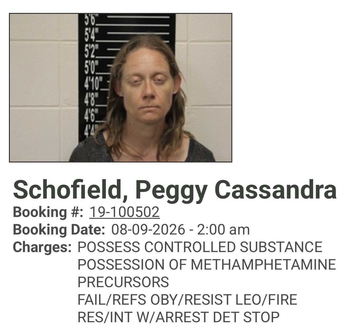 Peggy Schofield was arrested by Crane PD and charged with possession of controlled substance